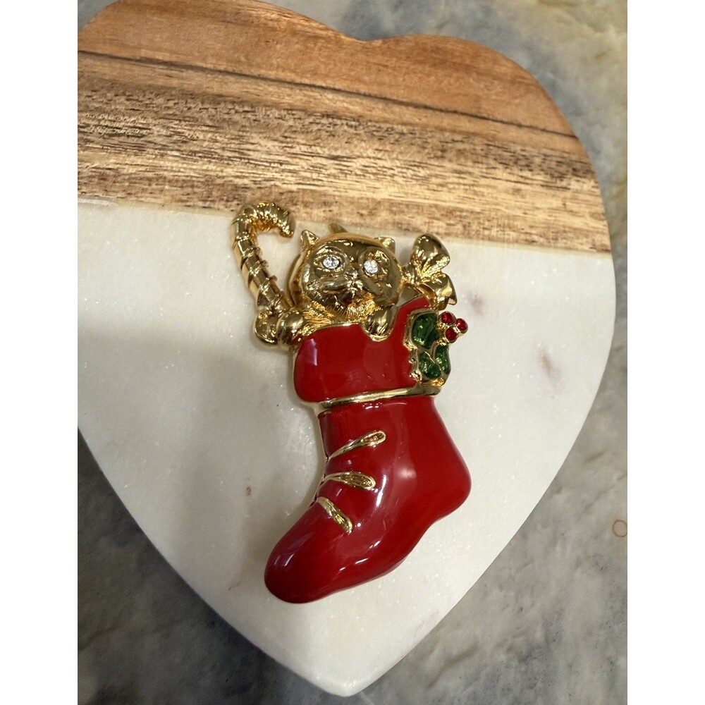 Vintage Cat in Stocking Christmas Brooch “Have a Meow Christmas” Red Enamel Pin